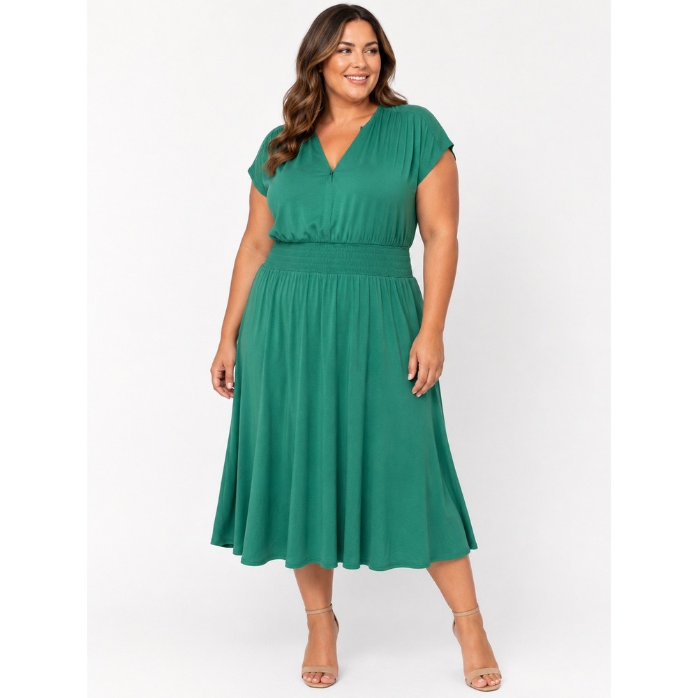 Universal Standard Dress L NWT Green Liquid Jersey Smocked Waist Midi Stretch